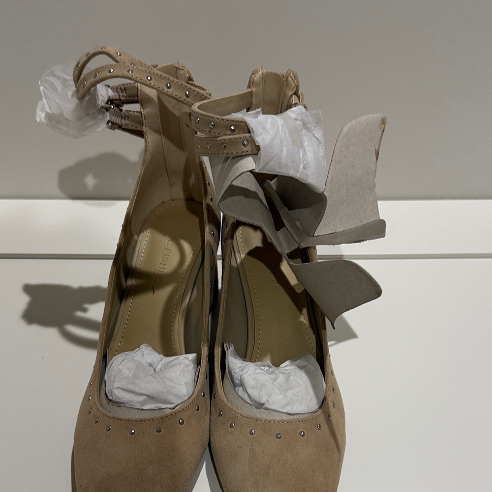 Marc Fisher Nude Suede Studded Ankle-Strap Heels
